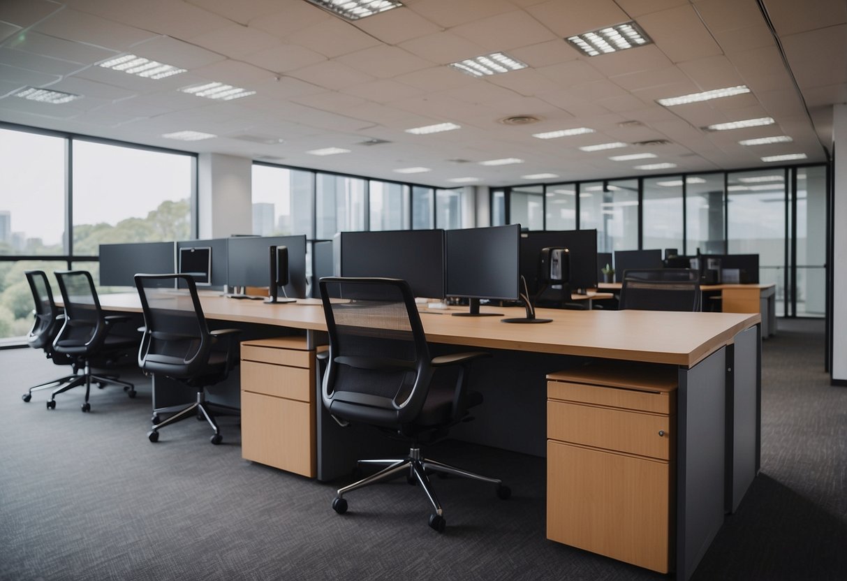 The Oxley Bizhub furniture fills the modern office space with sleek desks, ergonomic chairs, and stylish storage units