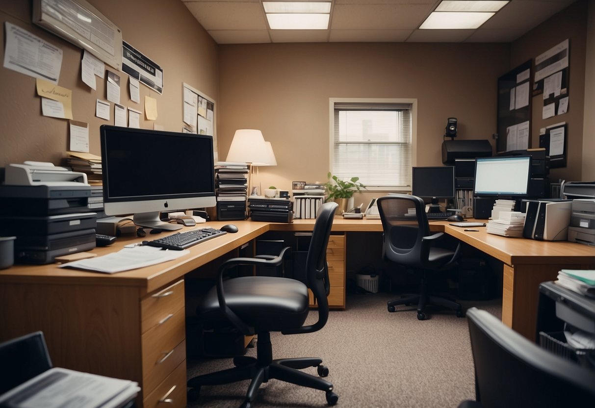 A cluttered office space with cheap furniture bought online. A basic desk, chair, and file cabinet fill the room
