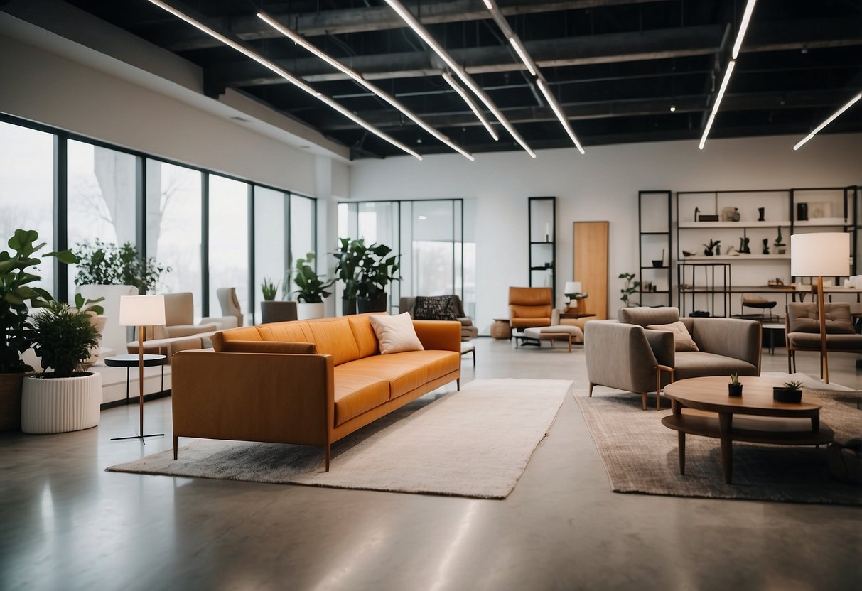 A spacious showroom with modern furniture displays, bright lighting, and clean, minimalist decor