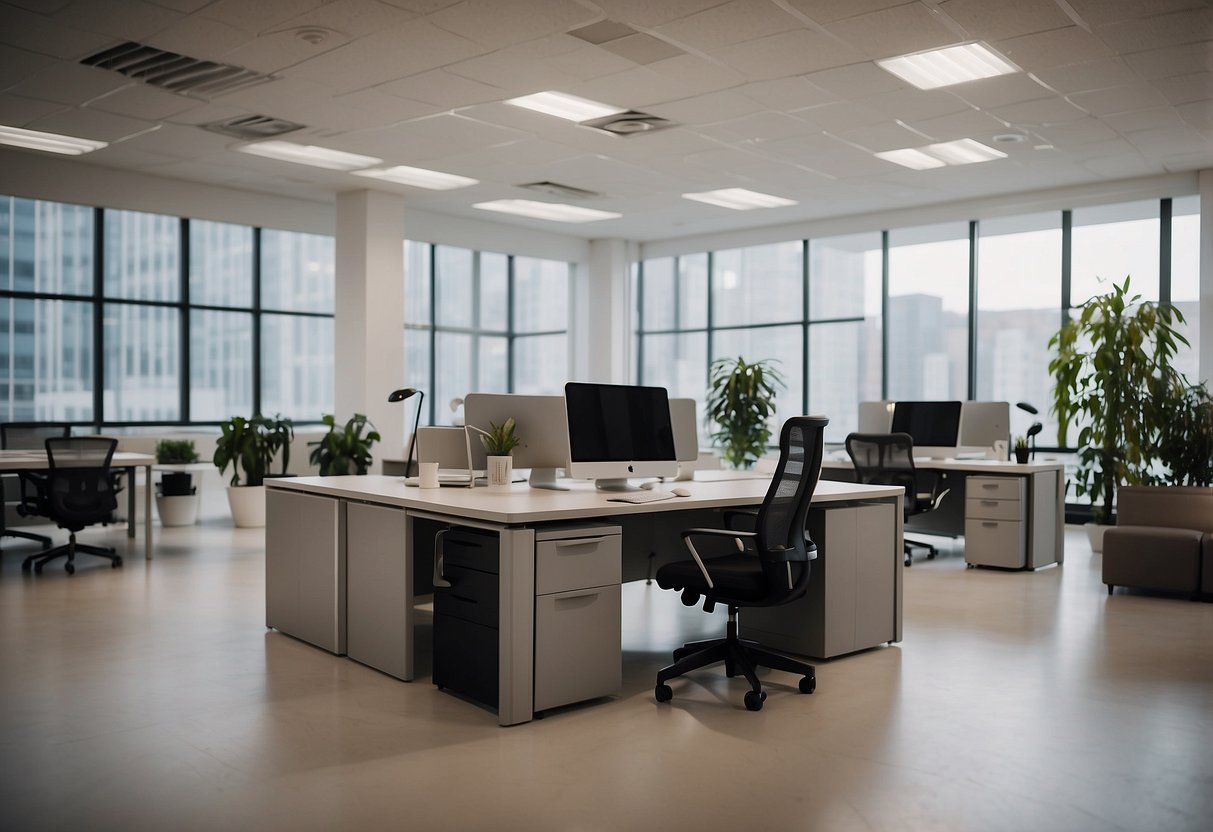 A modern office space with sleek, affordable furniture. Clean lines, neutral colors, and ergonomic design. A mix of desks, chairs, and storage options displayed on a website
