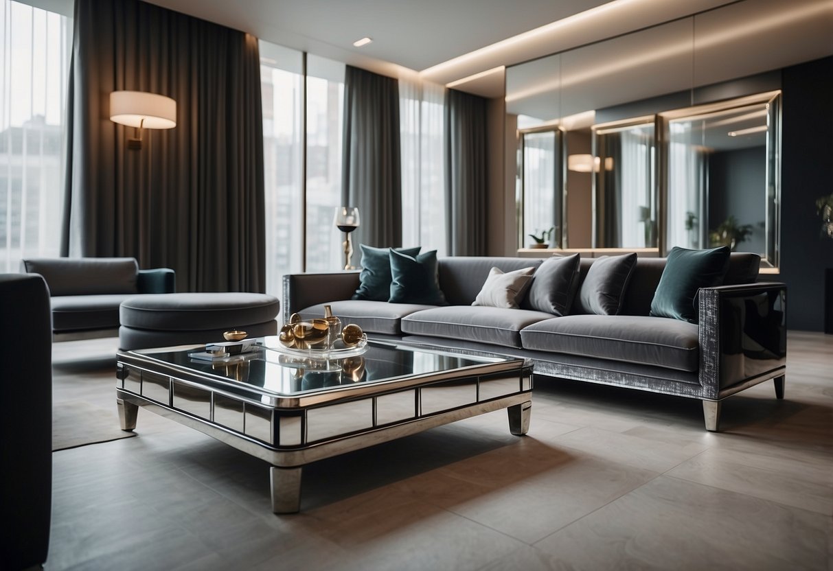 A room with sleek, reflective mirrored furniture arranged in a spacious and uncluttered layout