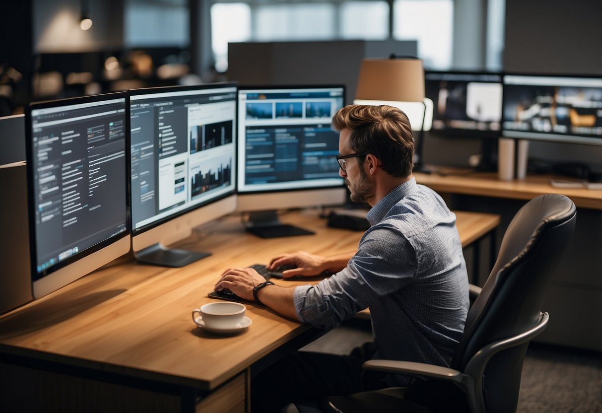 A person browsing a website on a laptop, surrounded by budget-friendly office furniture options