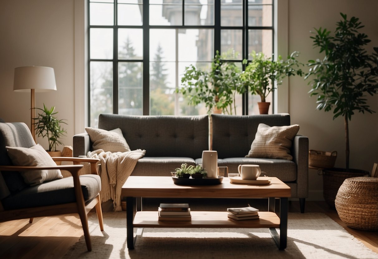 A cozy living room with a modern sofa, coffee table, and bookshelf arranged in a stylish and functional manner. Bright natural light streams in through the window, casting a warm glow on the furniture
