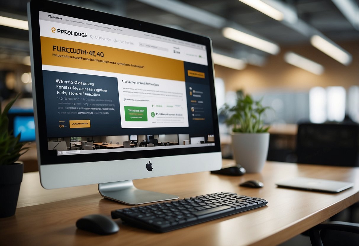 A computer screen displaying a website with the title "Frequently Asked Questions cheap office furniture online" surrounded by office furniture images and price tags