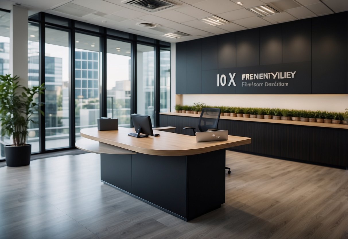 A modern office setting with sleek furniture, a reception desk, and a sign that reads "Frequently Asked Questions Oxley Bizhub."