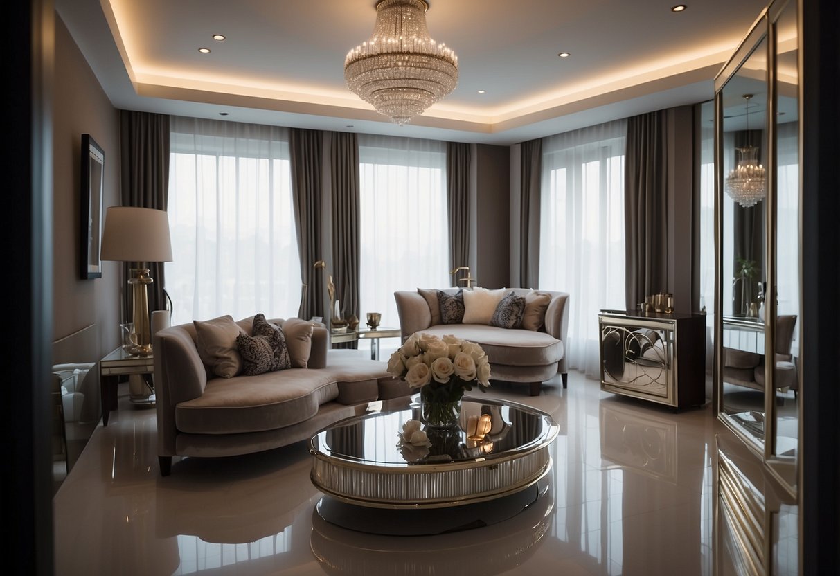A room with mirrored furniture arranged neatly, reflecting light and creating a sense of spaciousness