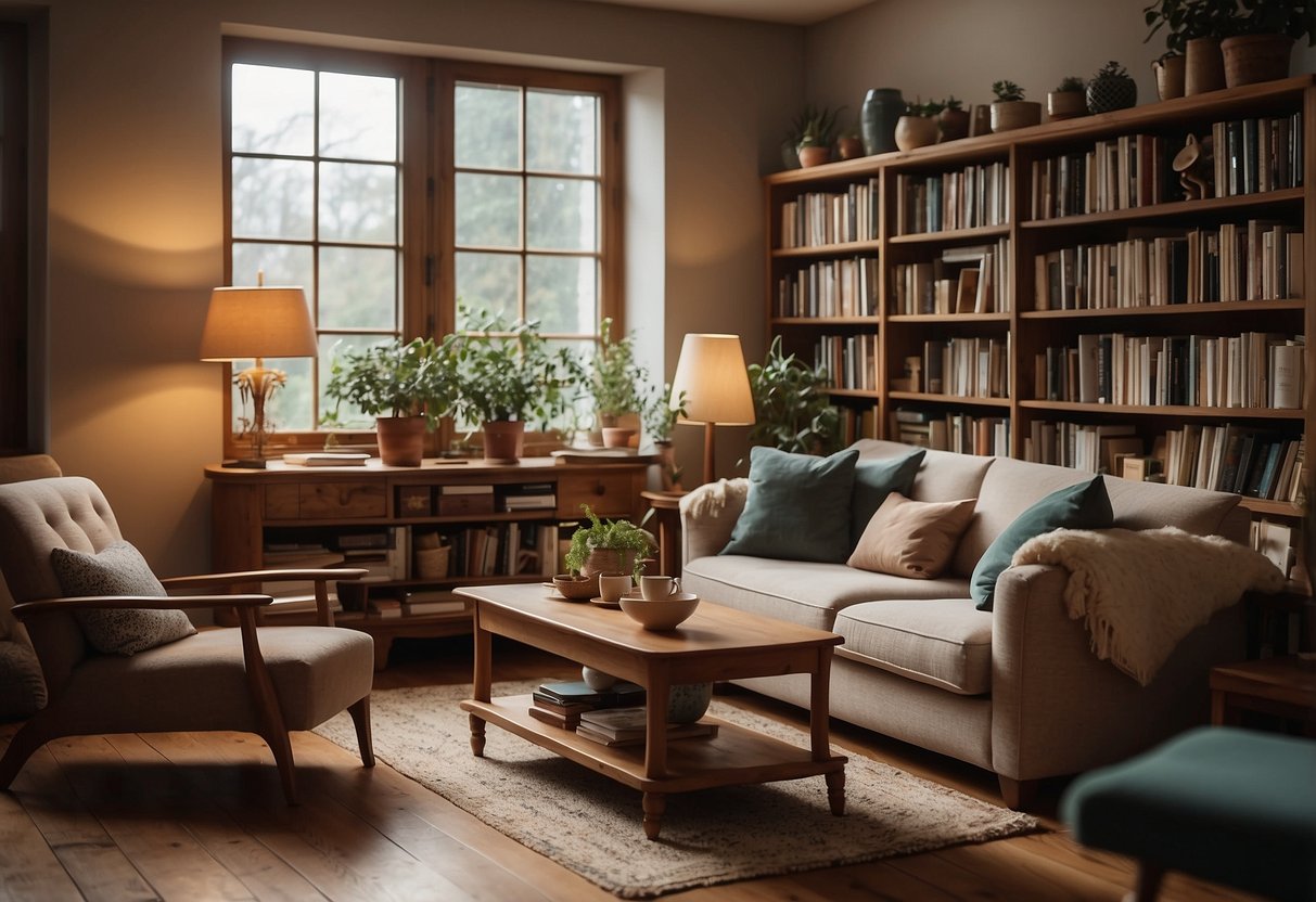 A cozy living room filled with high-quality second-hand furniture. A vintage armchair, a sturdy wooden coffee table, and a stylish bookshelf create a warm and inviting atmosphere