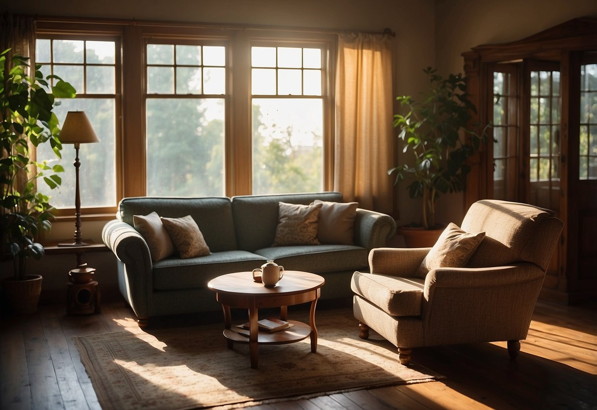 A cozy living room with a vintage armchair, a sturdy wooden coffee table, and a well-worn but comfortable sofa. Sunlight streams through the window, casting warm shadows on the well-loved furniture