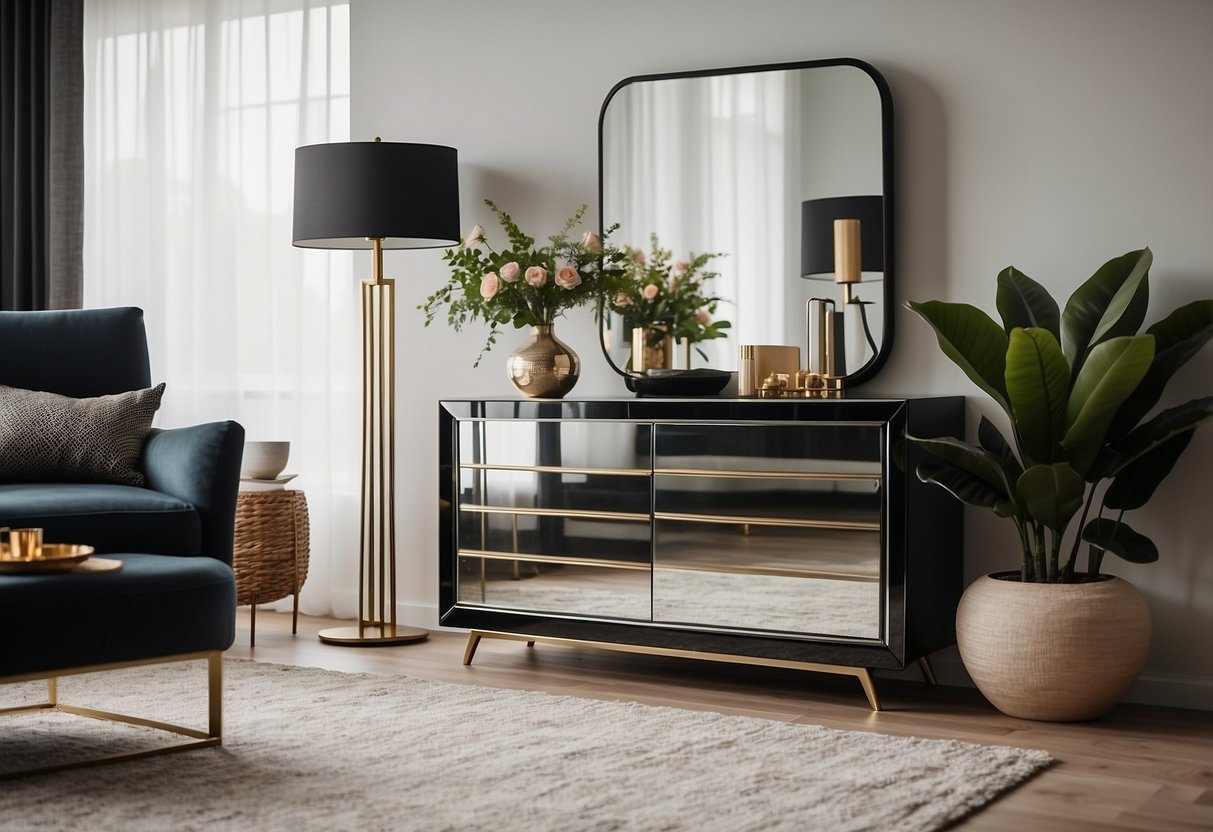 A sleek, modern living room with a mirrored dresser and nightstands. Clean lines and a minimalist design create a sophisticated atmosphere