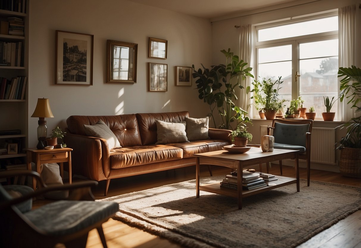 A cozy living room with a mix of stylish second-hand furniture, including a vintage sofa, a retro coffee table, and a refurbished bookshelf. Sunlight streams in through the window, casting a warm glow on the eclectic decor