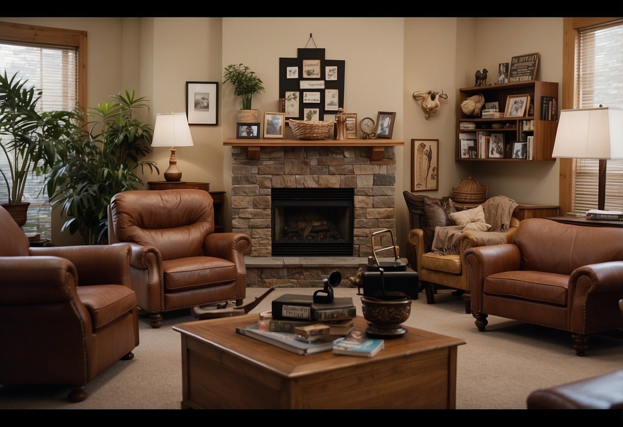 A room filled with neatly arranged, high-quality second-hand furniture, with a sign reading "Frequently Asked Questions" prominently displayed