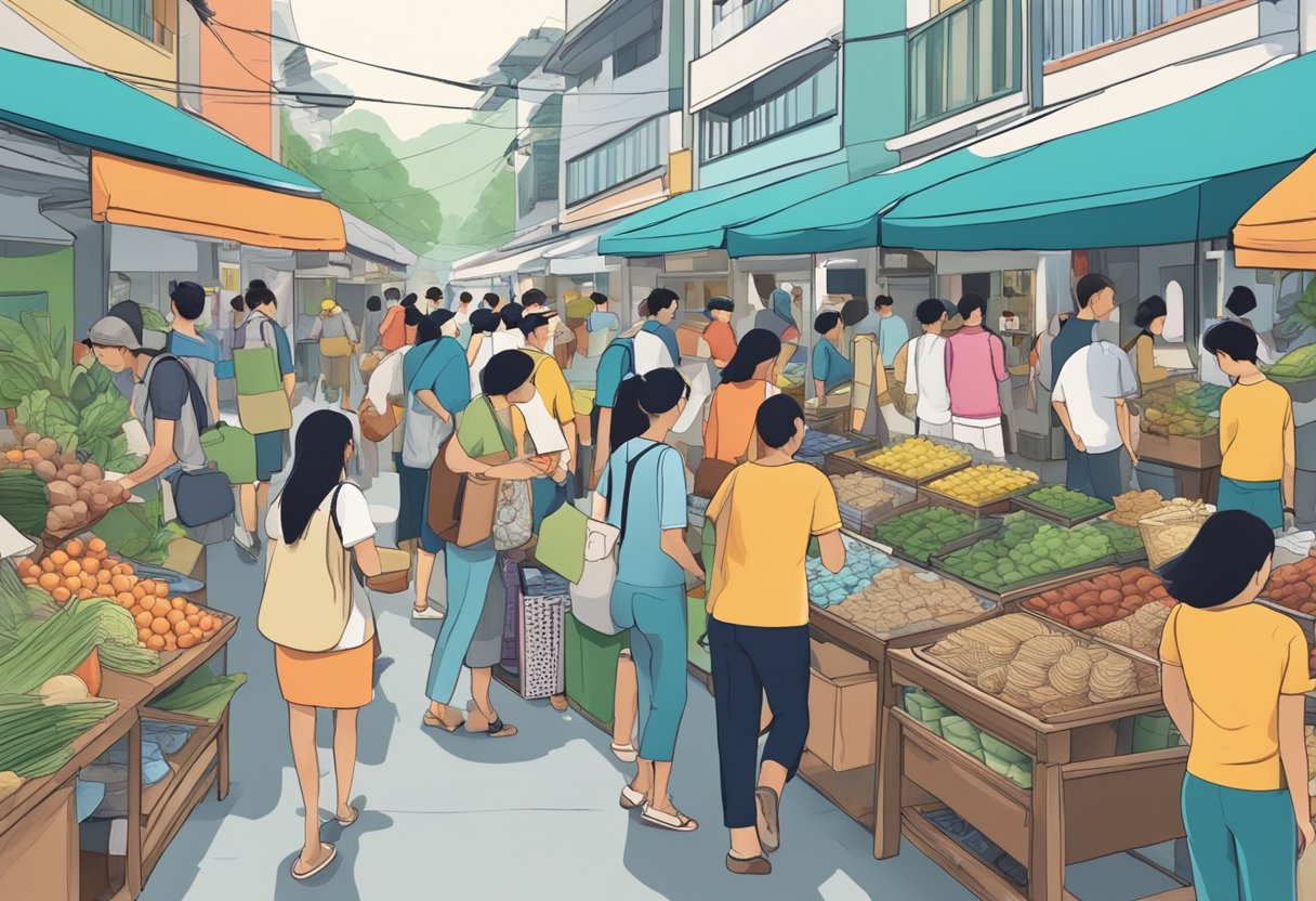 A bustling street market with diverse customers browsing and purchasing second-hand furniture in Singapore