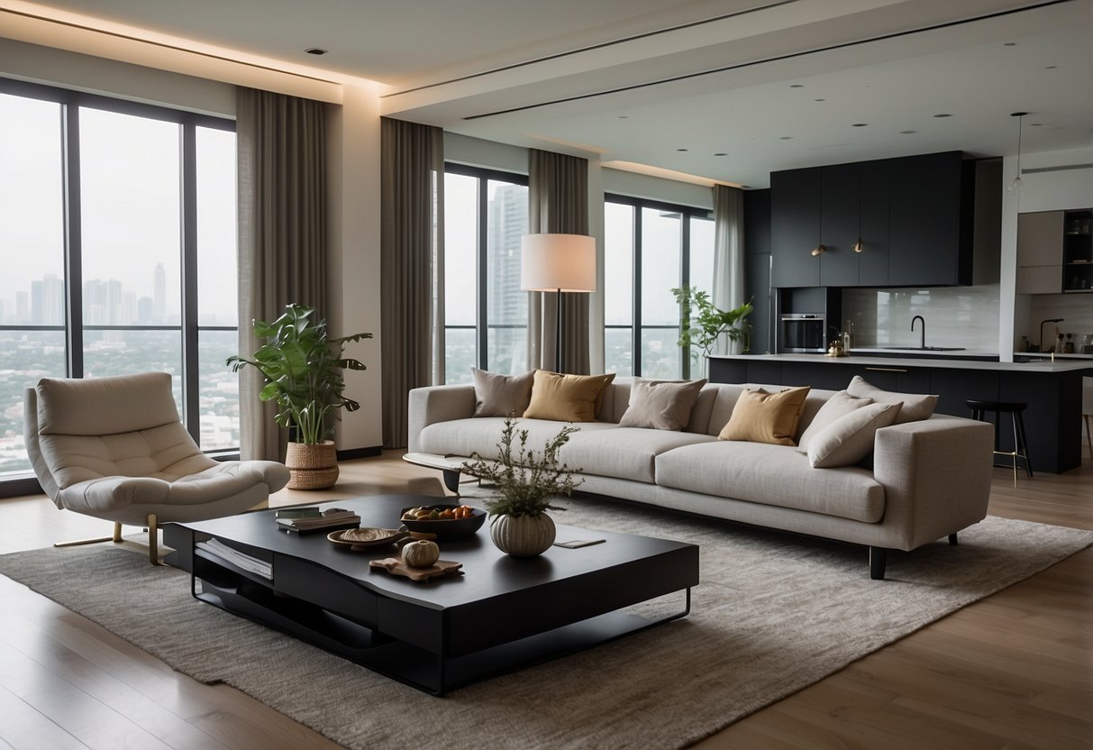 A modern living room with sleek Space Tampines furniture, featuring clean lines, minimalist design, and a neutral color palette