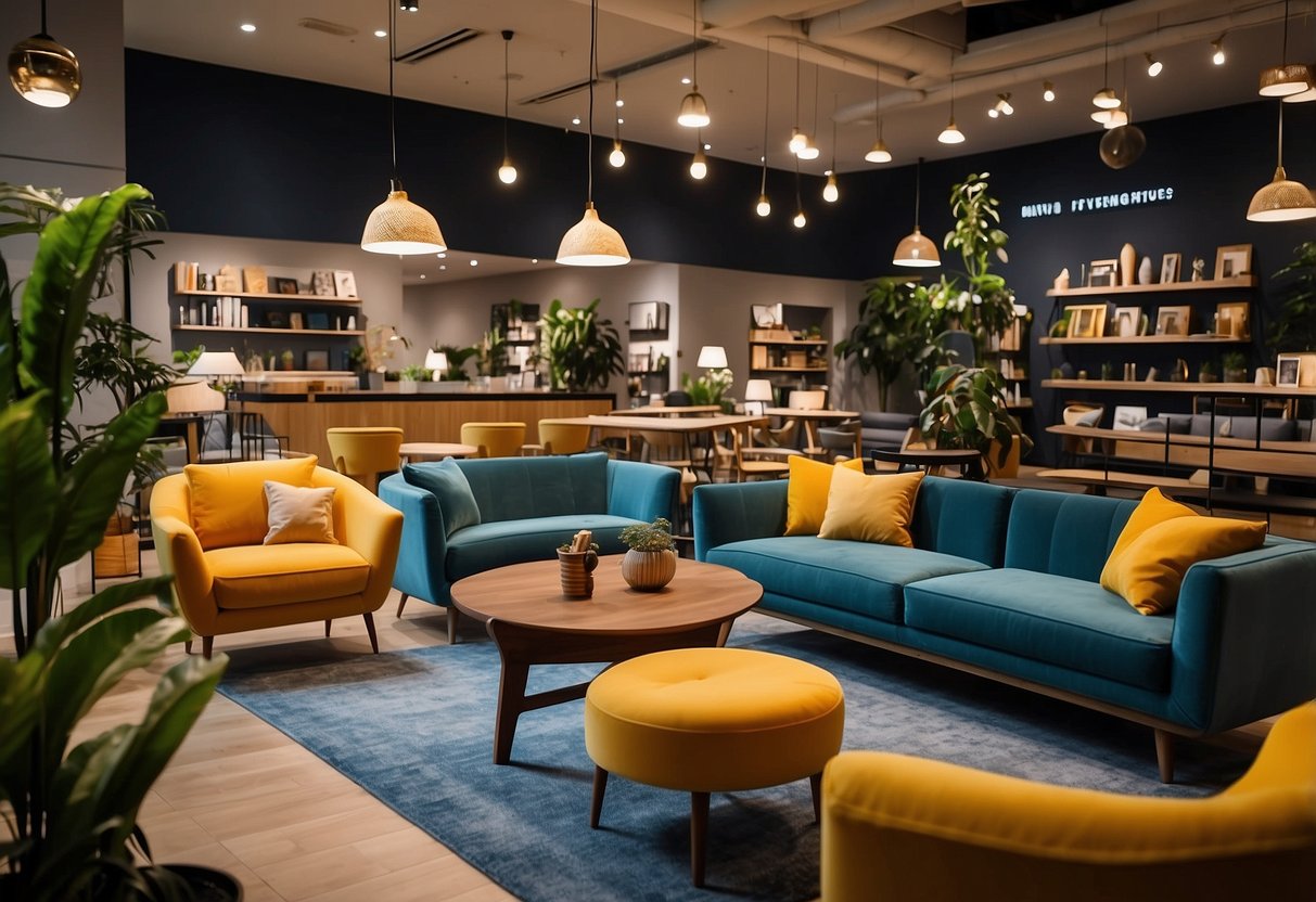 A spacious Tampines furniture store with modern designs and vibrant colors. Shelves filled with home decor and cozy seating areas for customers to explore
