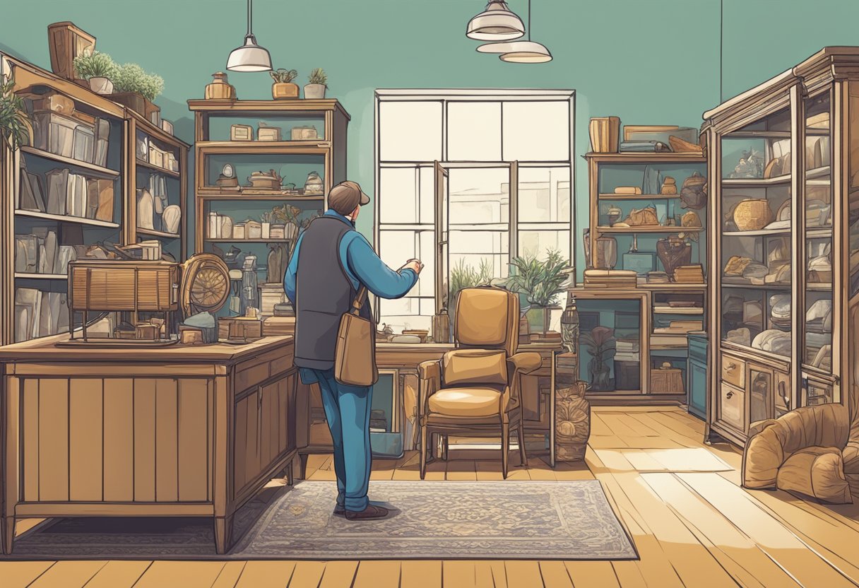A person browsing through various second-hand furniture items in a store, examining the quality and condition of each piece before making a purchase