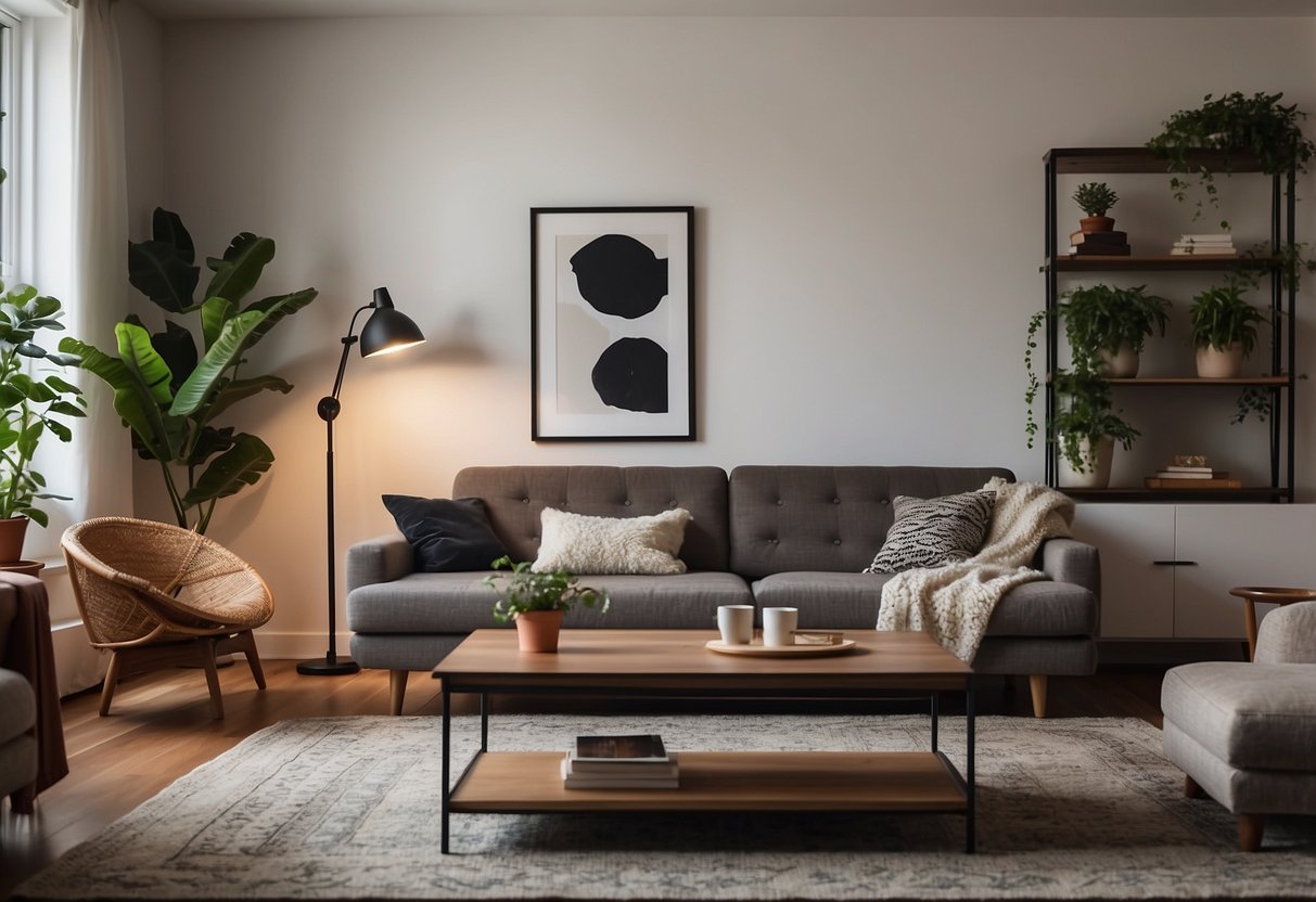A modern living room with a cozy sofa, a sleek coffee table, and a stylish rug. A bookshelf filled with books, a potted plant, and a floor lamp complete the space