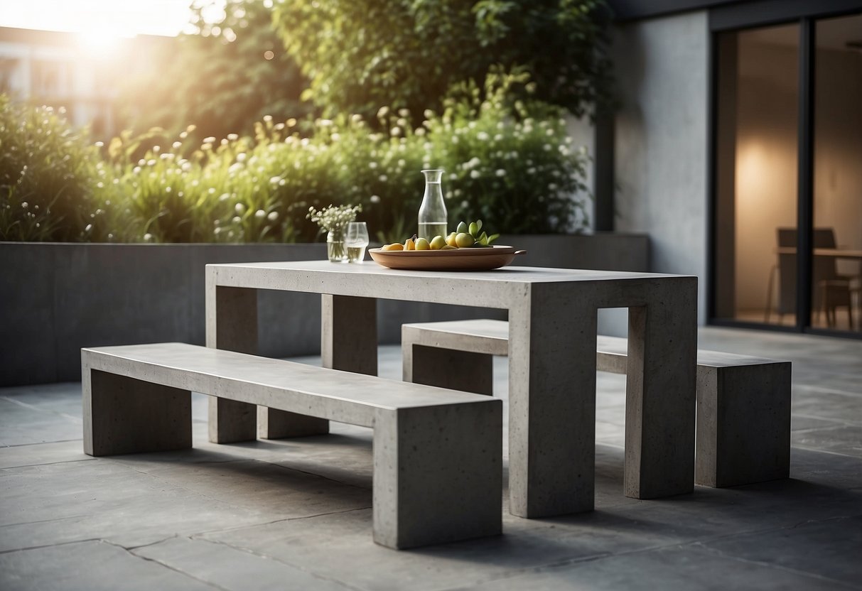 A concrete table and bench set, crafted with DIY techniques, sit in a minimalist outdoor setting