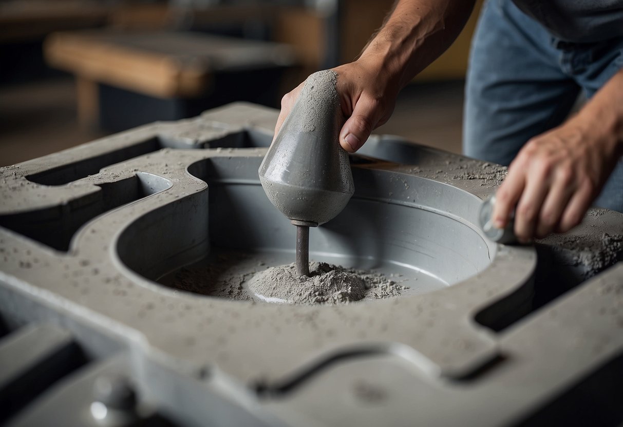 A person mixing concrete and pouring it into a mold to create DIY furniture