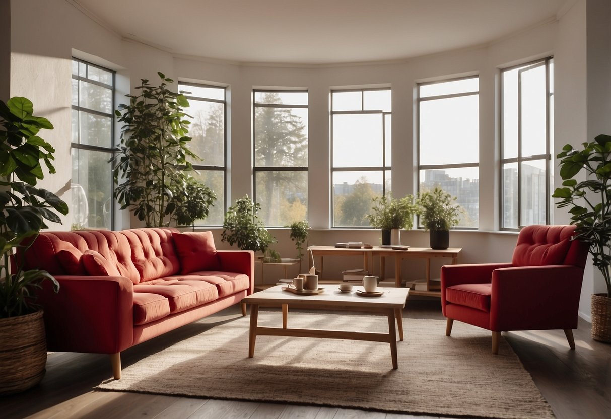 A room with red furniture: a sofa, armchair, and coffee table. The walls are white, and there's a large window with sunlight streaming in