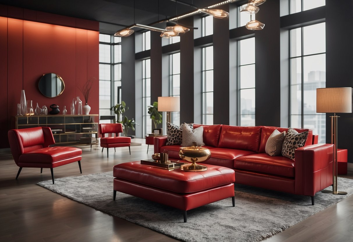 A room filled with sleek, modern red furniture designs, including a bold red sofa, a glossy red coffee table, and a set of vibrant red accent chairs
