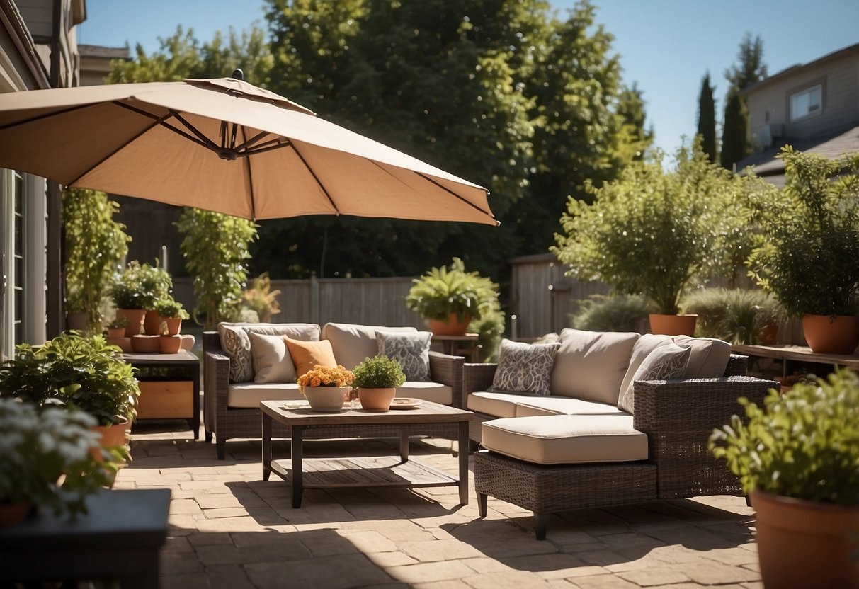 A sunny patio with a large, comfortable outdoor furniture set from Costco, including a spacious table and chairs, a cozy sofa, and a stylish umbrella