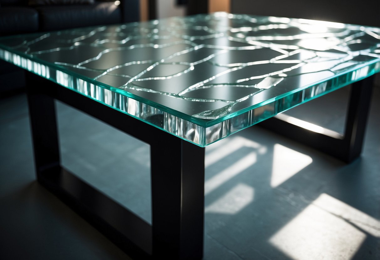 A cracked glass table sits among modern furniture, reflecting light in jagged patterns