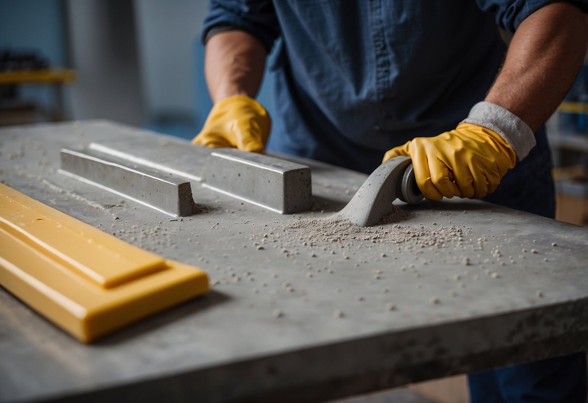 A table mold is filled with concrete, smoothed and left to cure. Sanding and sealing follow for a polished finish