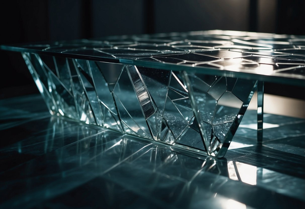 A cracked glass table sits in a dimly lit room, reflecting the light in fractured patterns. The jagged edges of the glass create an interesting and abstract design