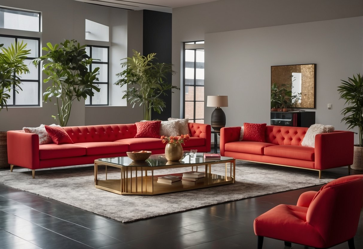 A bright, spacious showroom with rows of vibrant red furniture. A cozy red sofa, a sleek red coffee table, and a bold red armchair catch the eye
