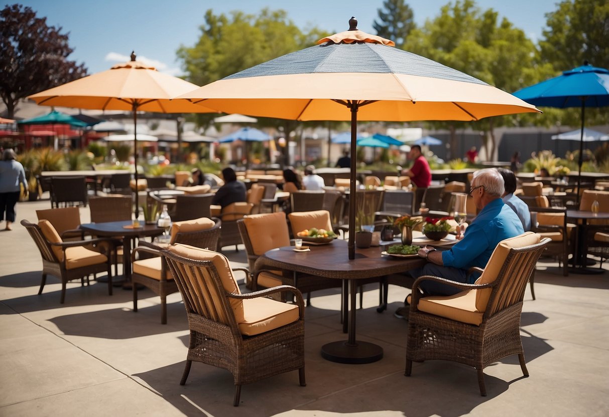 Customers browsing through a wide selection of outdoor furniture at Costco, with colorful umbrellas and cozy seating arrangements on display