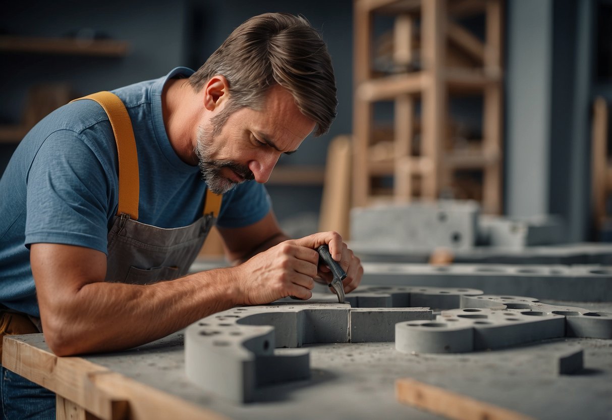 A person assembling concrete furniture using DIY instructions. Materials, tools, and step-by-step process visible