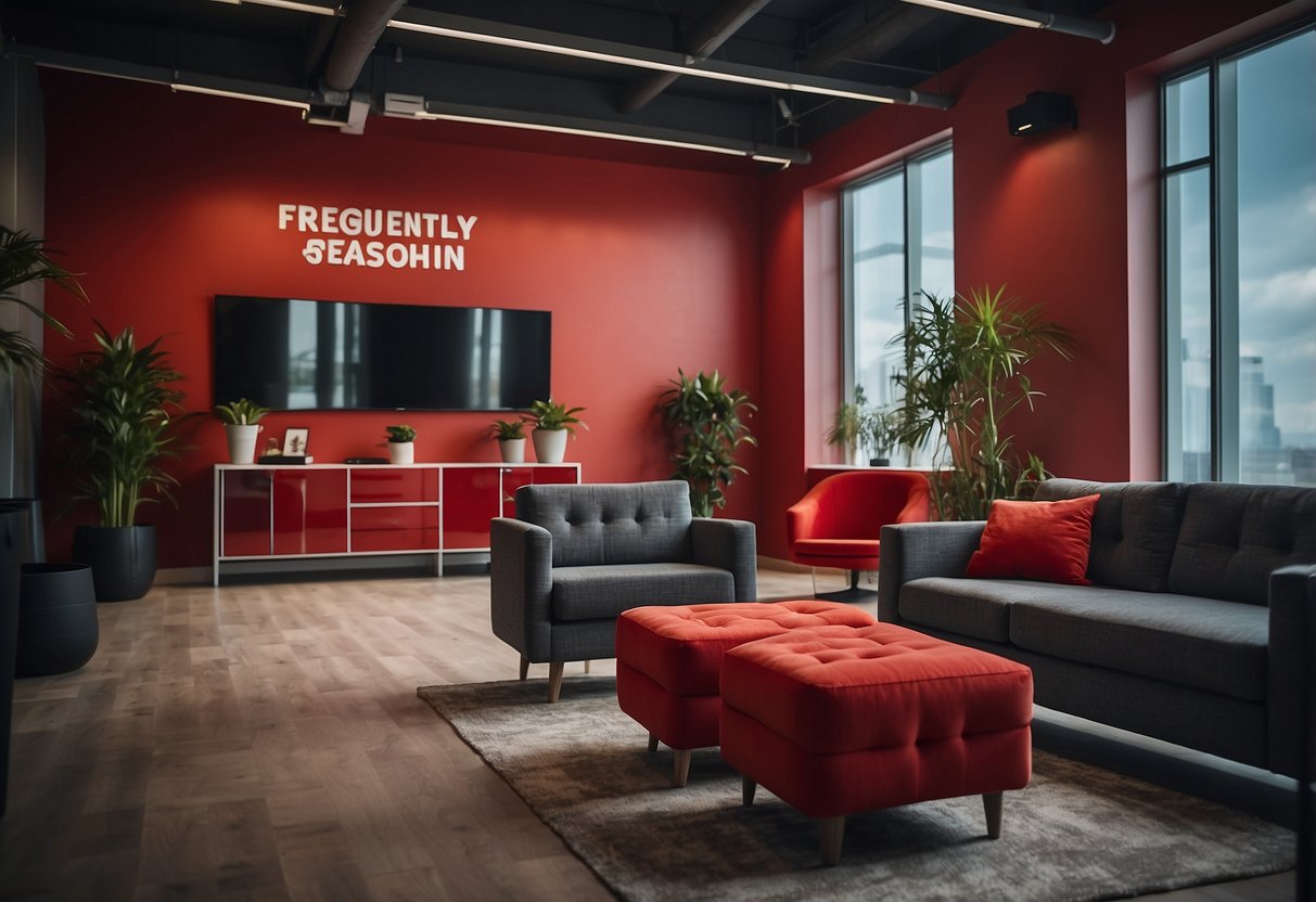 A room with vibrant red furniture arranged neatly, with a sign reading "Frequently Asked Questions" in the background