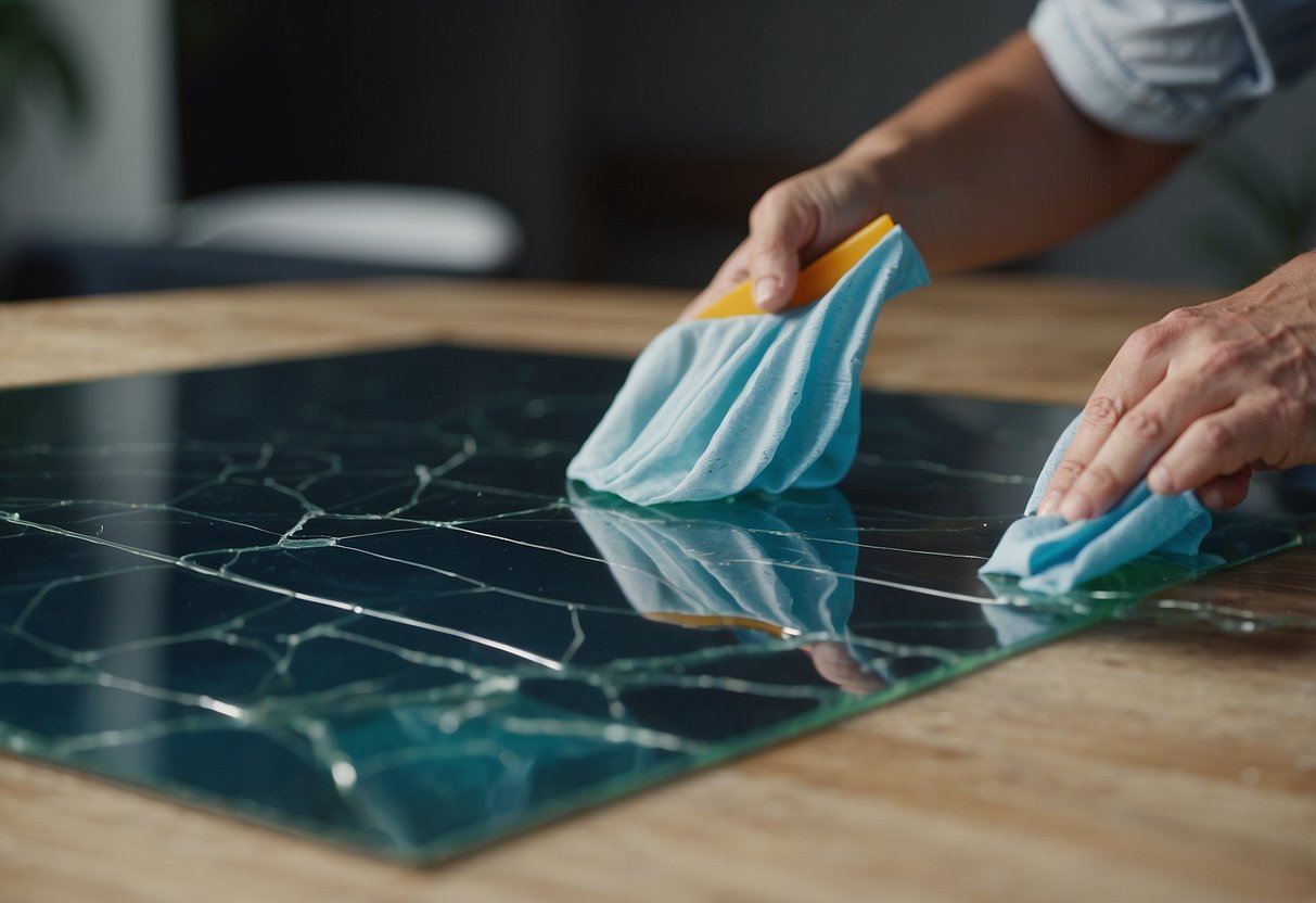 A person using a cloth to clean a cracked glass table. Another person using wood glue to repair the cracks