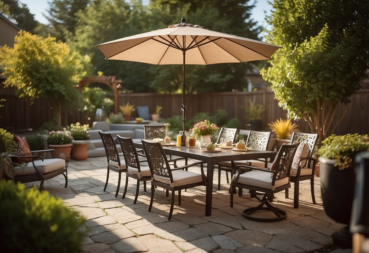 A sunny backyard with a variety of outdoor furniture from Costco, including a dining set, lounge chairs, and a sleek umbrella, all arranged on a well-maintained patio