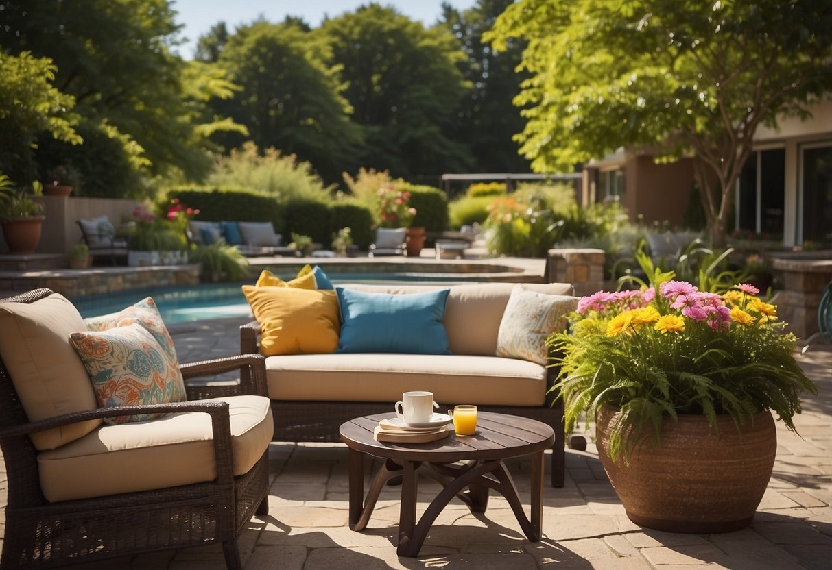A sunny outdoor patio with comfortable Costco furniture, surrounded by lush greenery and colorful flowers. A small table with a stack of brochures labeled "Frequently Asked Questions" sits in the center