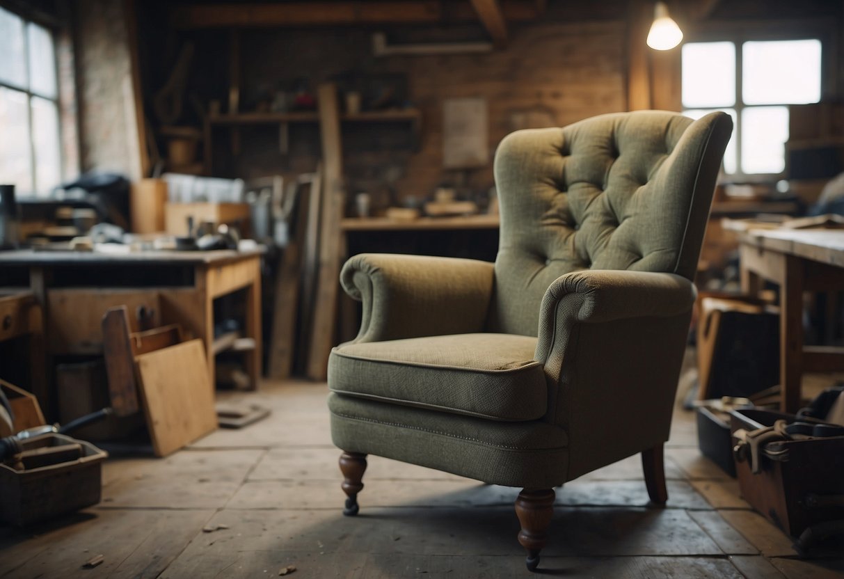 A worn-out armchair sits in a cluttered workshop. A skilled craftsman carefully removes the old fabric, revealing the worn wood frame beneath. Tools and materials are scattered around the workspace