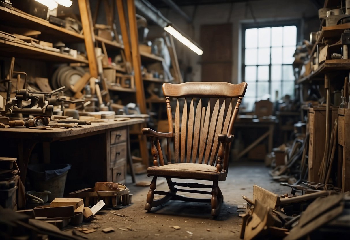 A worn-out chair sits in a cluttered workshop, surrounded by tools and fabric swatches. A skilled artisan works on removing the old upholstery, revealing the worn but sturdy frame underneath