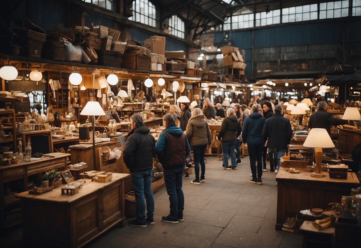 A bustling marketplace with various secondhand furniture items on display, customers browsing and negotiating prices with sellers
