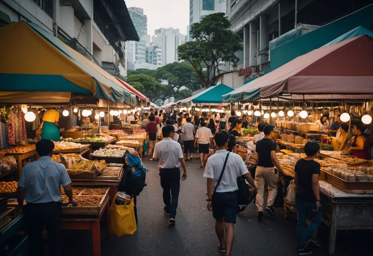 A bustling street market in Singapore, with rows of colorful stalls selling second-hand furniture. Customers browse through tables, chairs, and cabinets, while vendors call out their prices and bargain with eager shoppers
