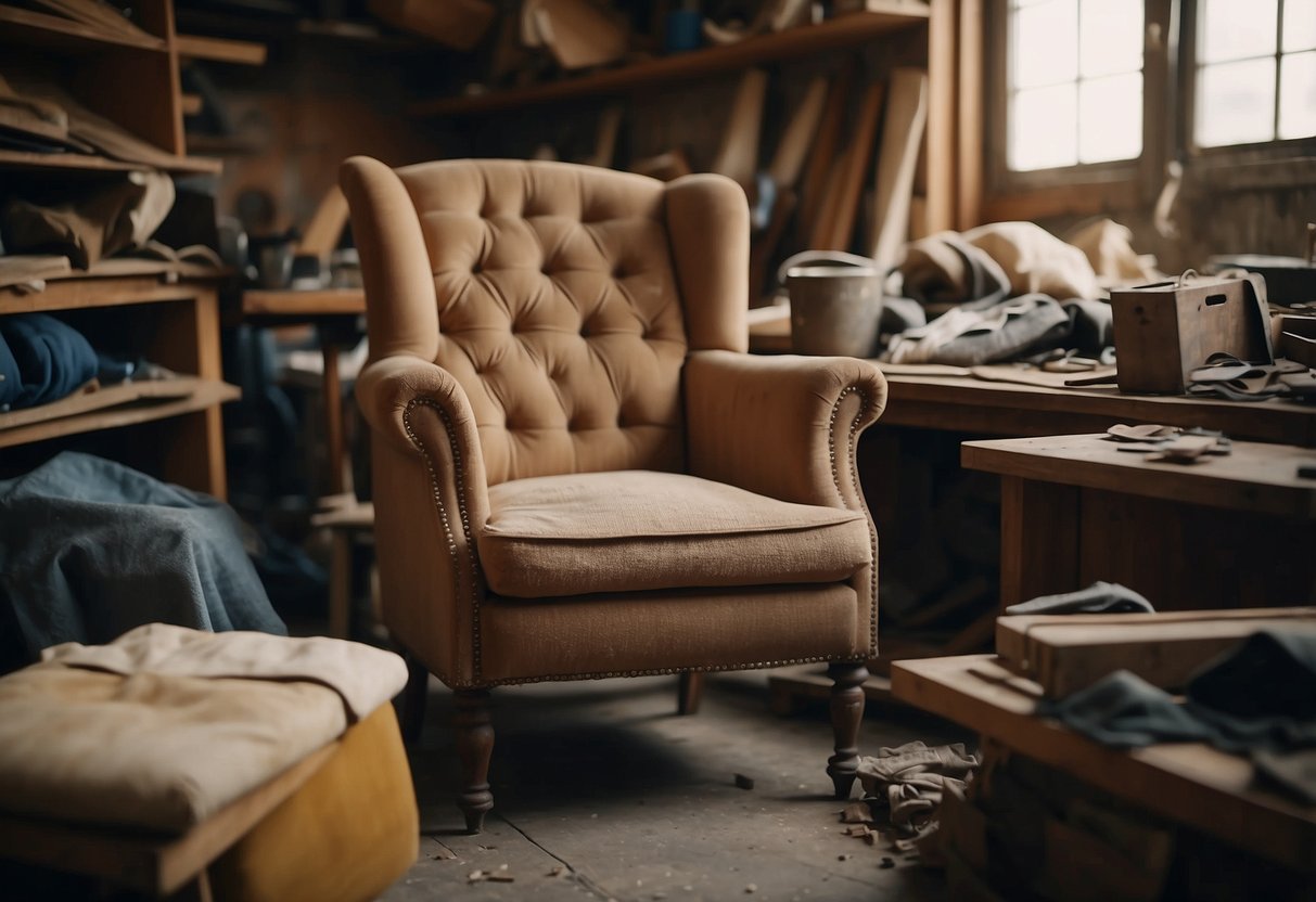 A worn-out armchair sits in a cluttered workshop, surrounded by tools and fabric swatches. A skilled artisan carefully removes old upholstery, preparing to breathe new life into the tired piece