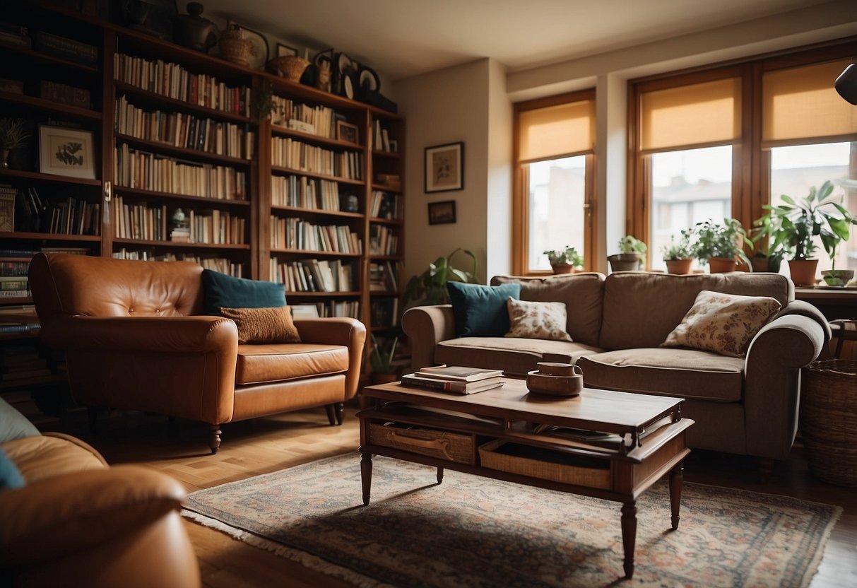 A cozy living room with a vintage sofa and coffee table, shelves filled with second-hand books, and a warm, inviting atmosphere