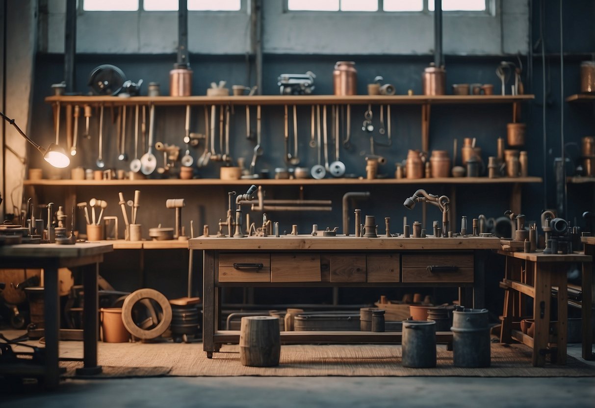 A workshop with tools and materials for building pipe furniture