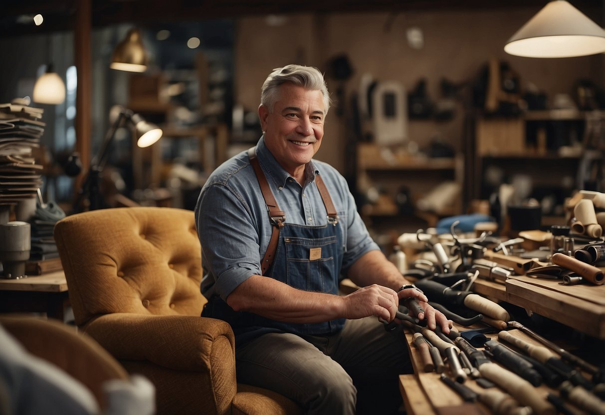 A person reupholstering a chair, surrounded by tools and fabric samples, with a sign reading "Frequently Asked Questions reupholstery and furniture repair" in the background
