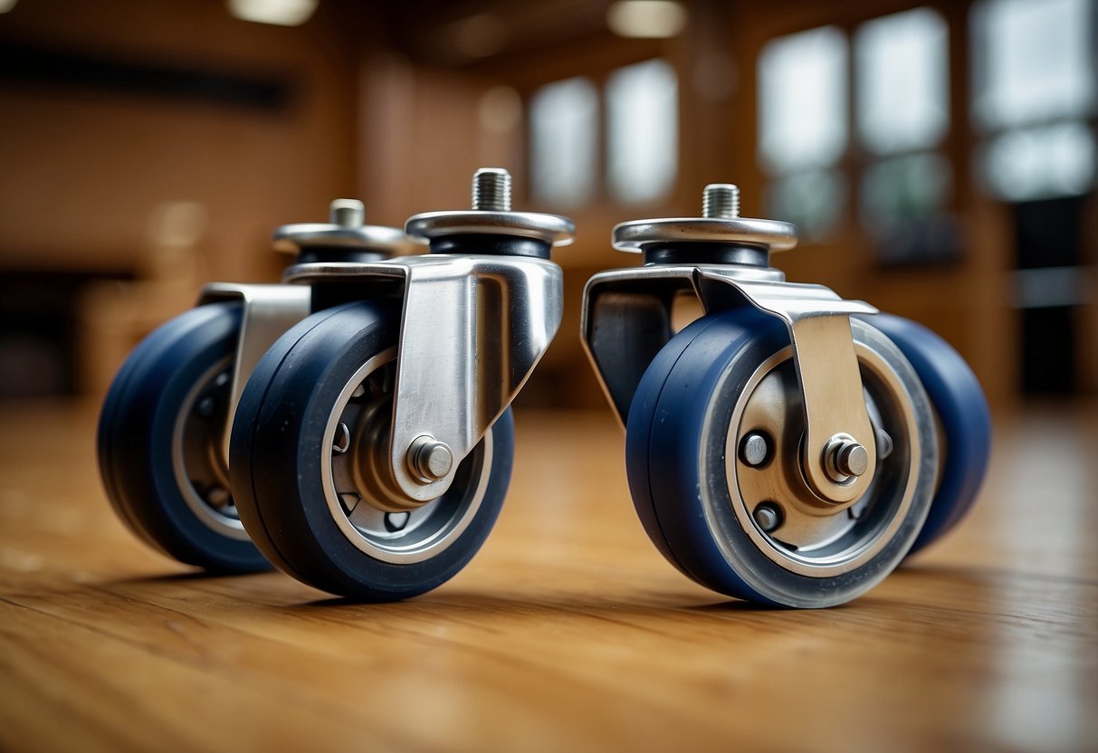 Four rubber casters attached to the bottom of a wooden chair, allowing it to move easily across the floor