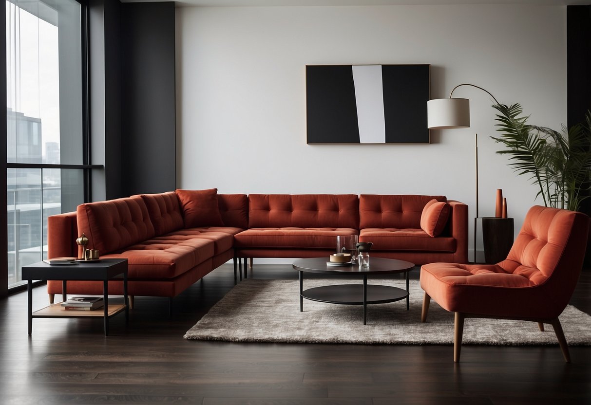 A room with red edition furniture, including a sleek sofa, a modern coffee table, and a bold armchair, against a backdrop of white walls and dark hardwood floors
