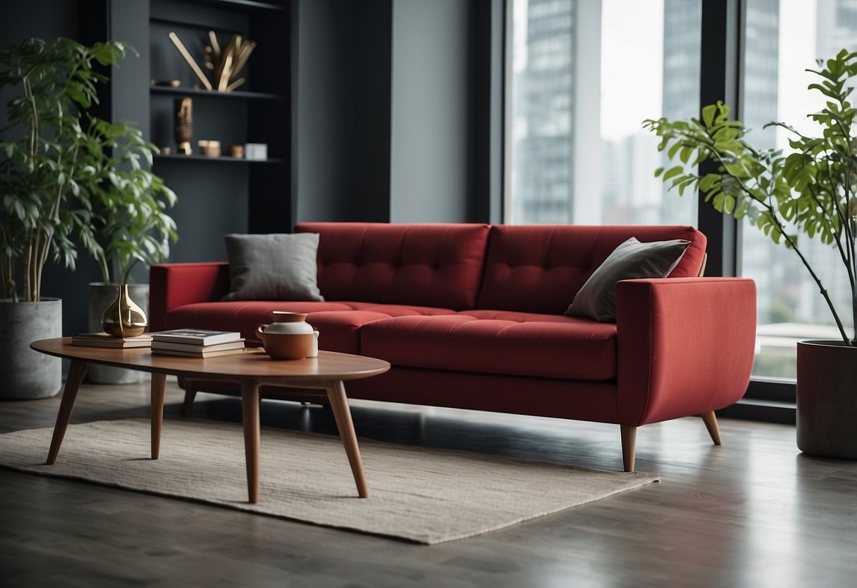 A modern living room with sleek red edition furniture, featuring a bold red sofa, a stylish coffee table, and a contemporary armchair