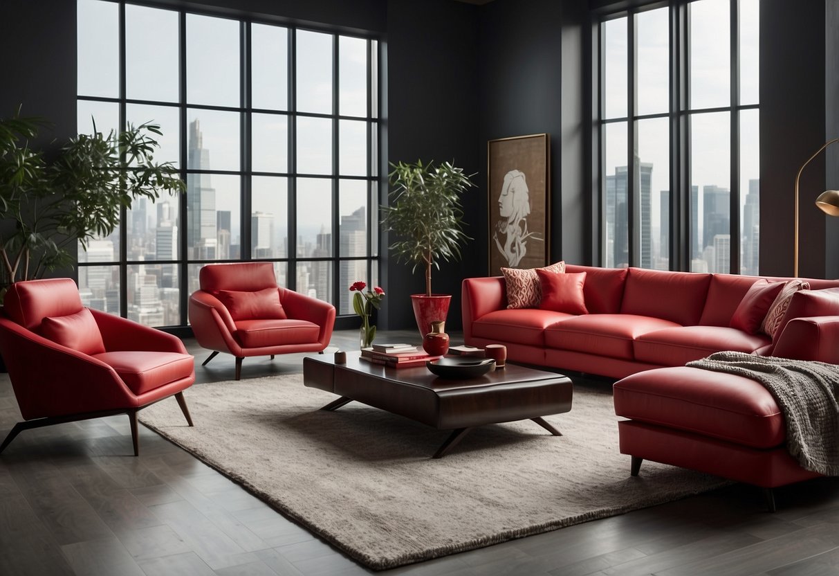A room filled with sleek, modern red edition furniture. Clean lines, bold colors, and unique designs create an inviting and contemporary space