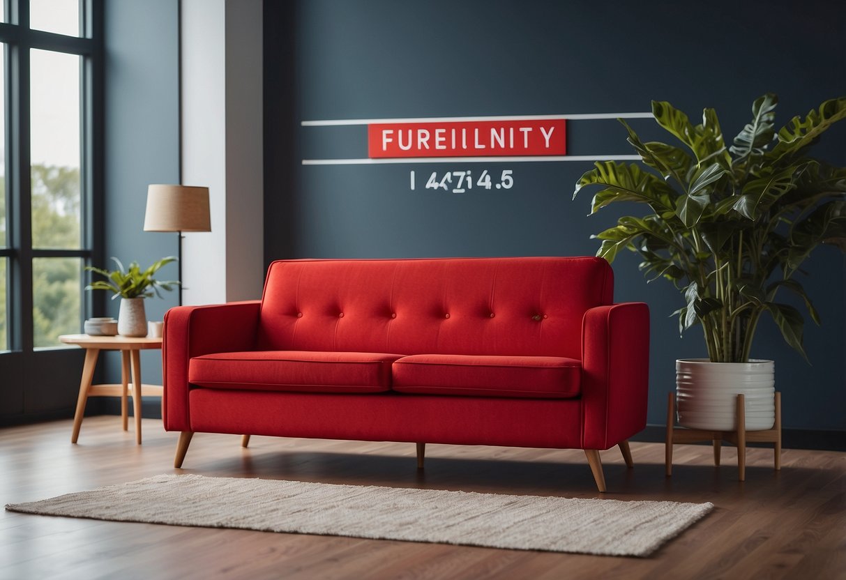 A vibrant red furniture set stands in a well-lit room, with a sign reading "Frequently Asked Questions" displayed prominently