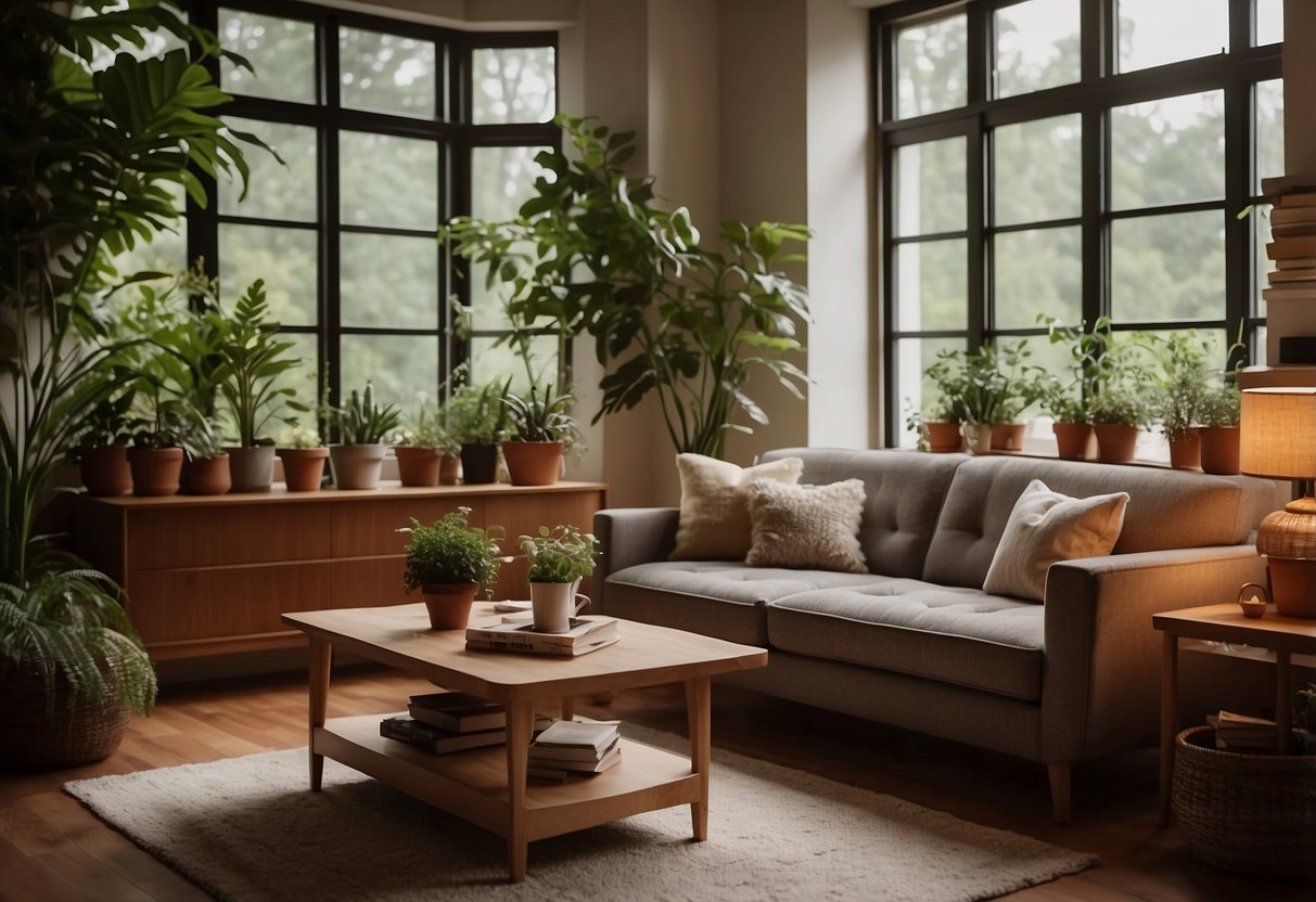 A cozy living room with a plush sofa, coffee table, bookshelf, and potted plants. The room is lit by a large window, casting a warm glow on the furniture and fittings