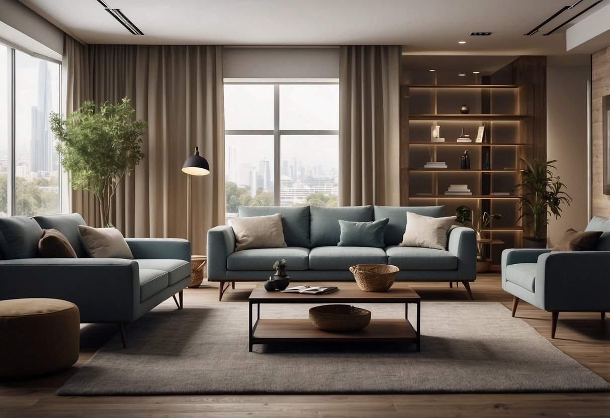 A room with various furniture and fittings arranged neatly and strategically, showing functionality and style